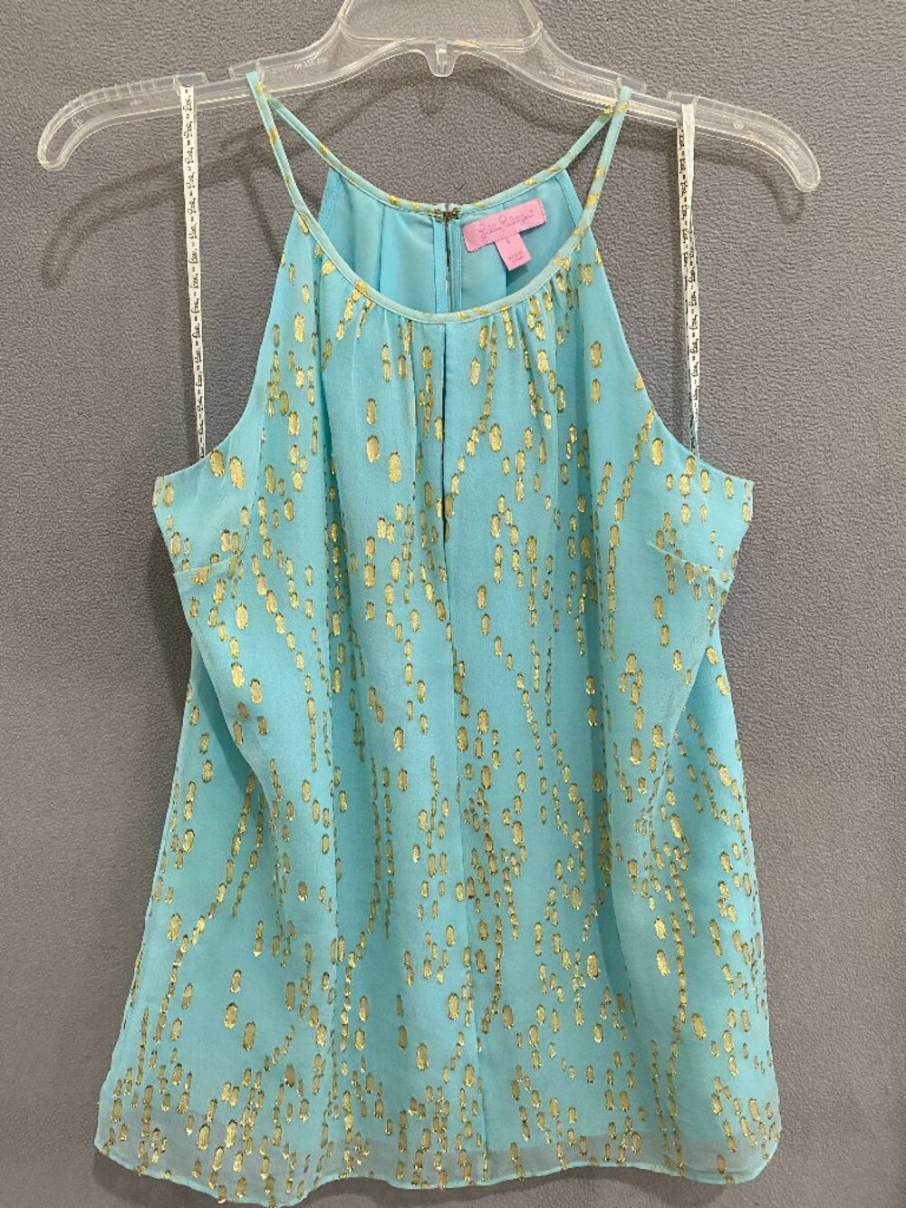 Lilly Pulitzer Aqua Silk Blend Metallic Sleeveless Top Small Gold Detail